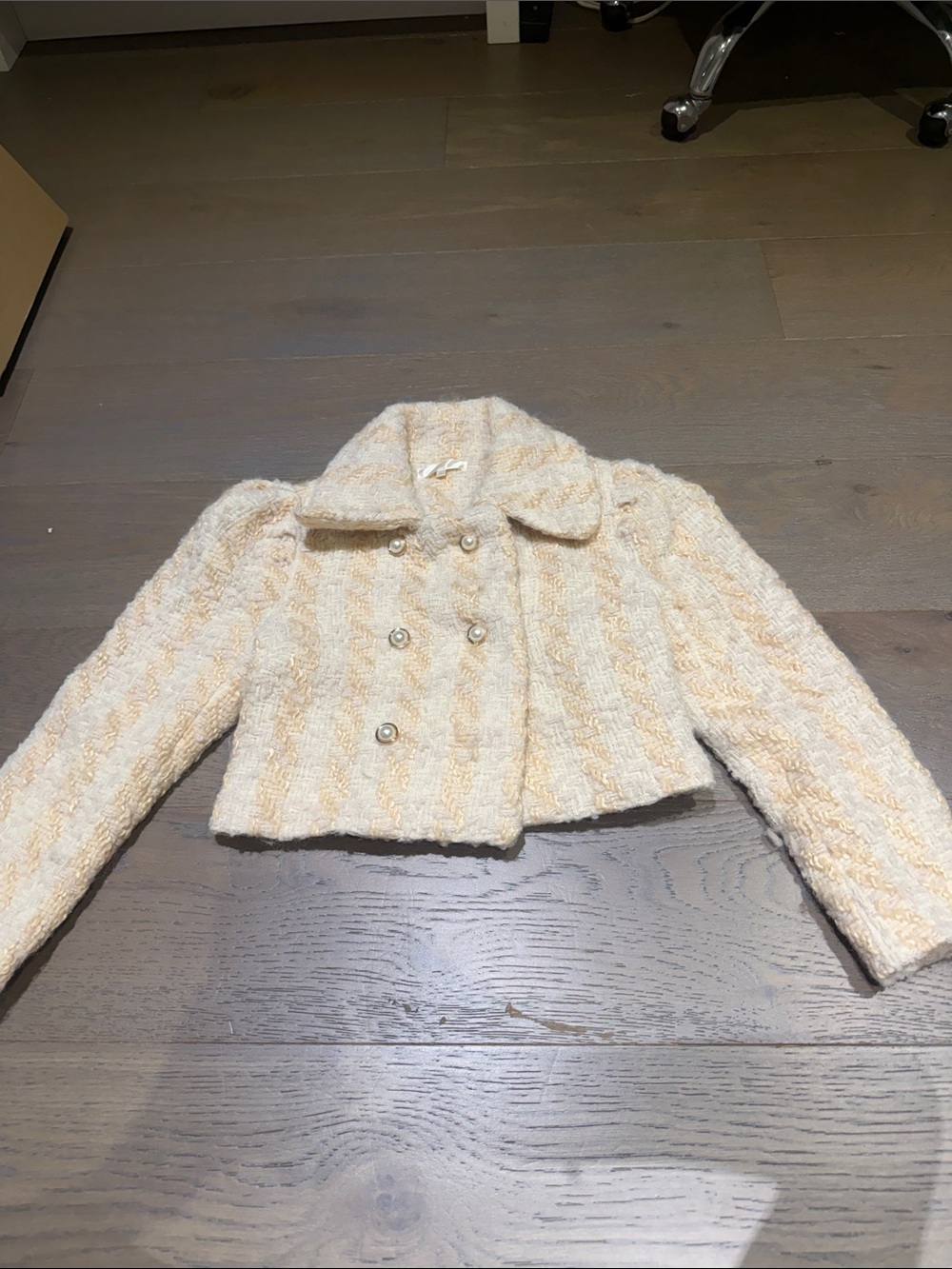 LoveShackFancy Cream Bouclé Cropped Double-Breasted Jacket SIZE 0